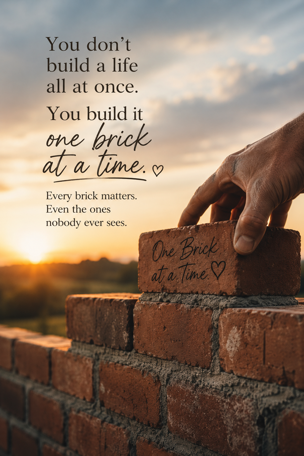 A symbolic image of a single brick being placed with care, representing steady progress, patience, and building a meaningful life one step at a time.