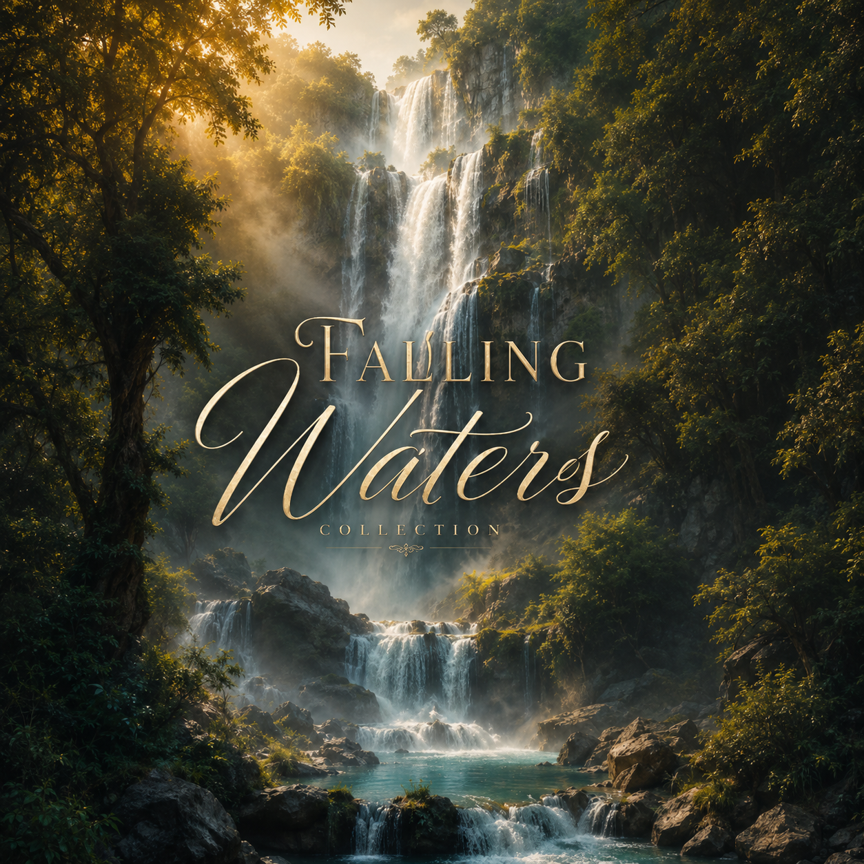 Falling Waters Collection title image featuring a lush forest waterfall with golden sunlight, misty cascades, rocky pools, and elegant script text over the scenic nature background.