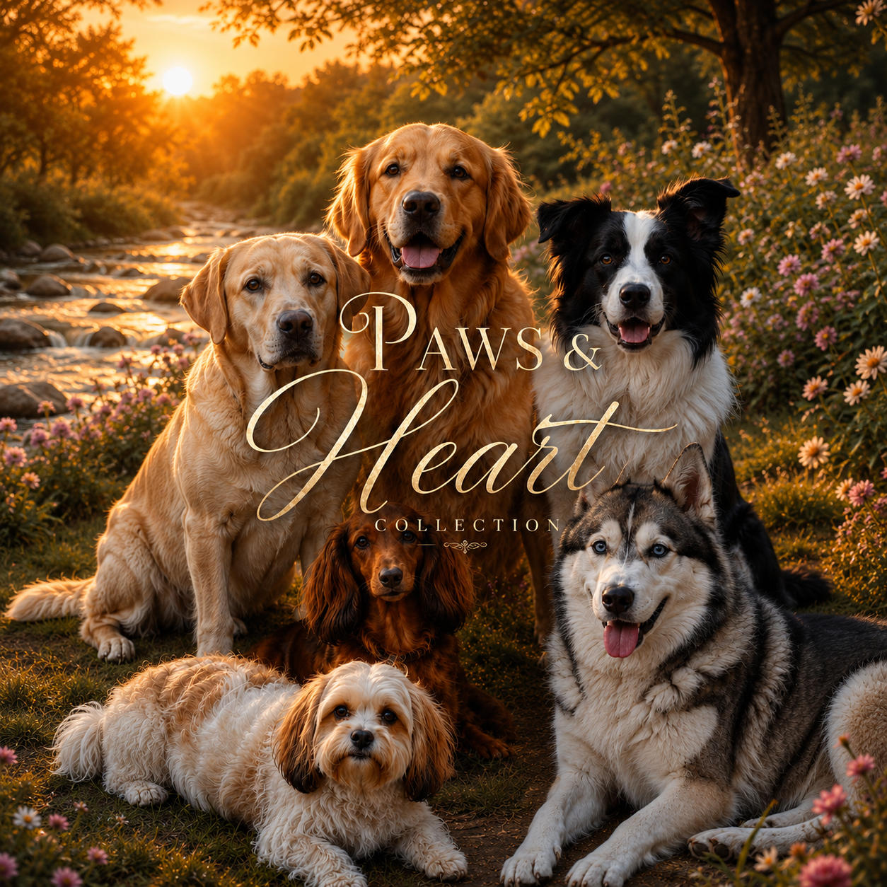 A warm golden-hour portrait of several friendly dogs gathered together outdoors near a stream and wildflowers, with soft sunlight creating a peaceful, heartwarming scene for the Paws & Heart Collection.