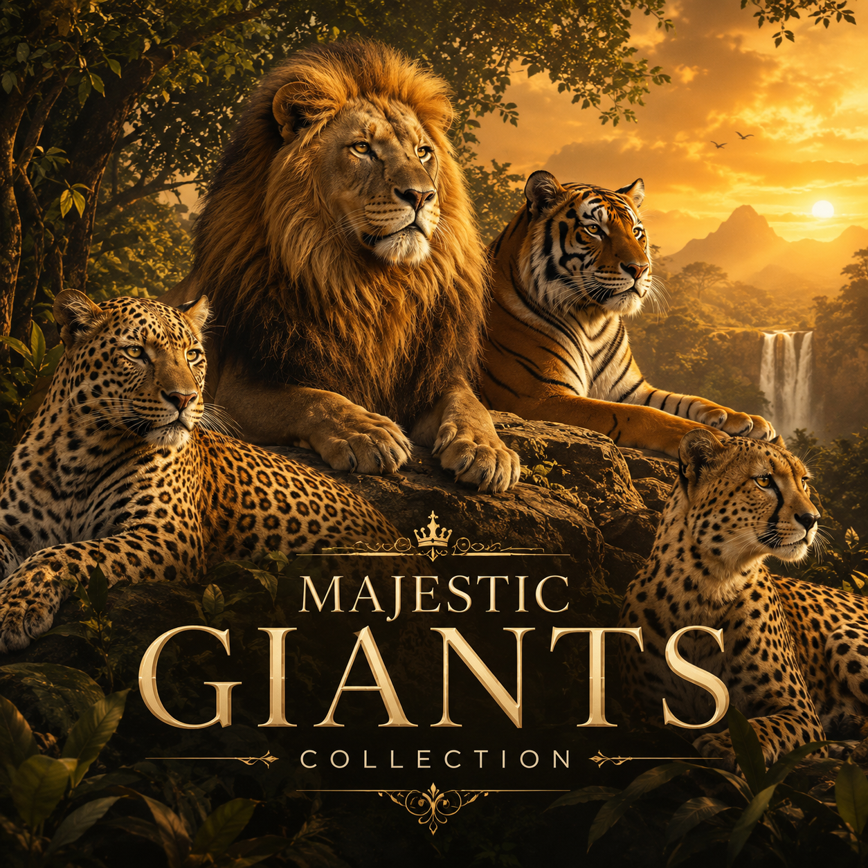 Majestic Giants Collection cover image featuring a powerful lion family resting together on the golden African savanna at sunset, with warm light, acacia trees, and a strong sense of family, protection, and wild beauty.