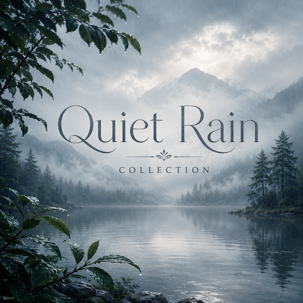 Quiet Rain Collection cover image featuring a misty mountain lake in soft rainfall, with rain-kissed green leaves in the foreground, fog-covered evergreens, calm reflective water, and elegant Quiet Rain Collection title text.