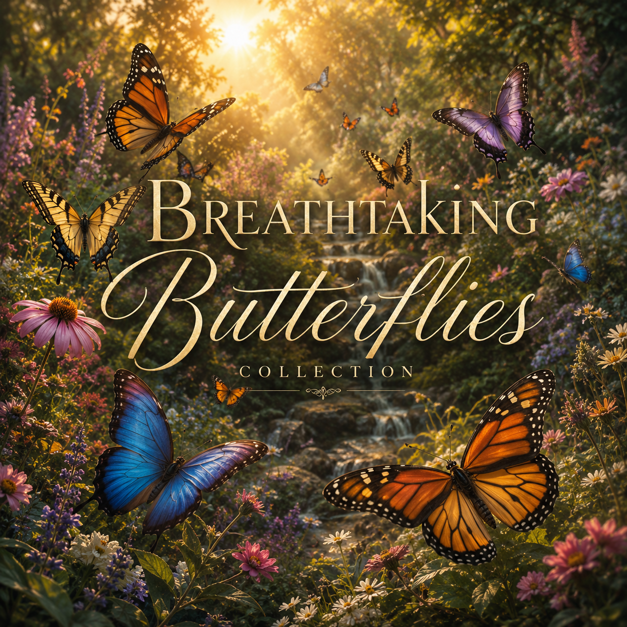 Breathtaking Butterflies Collection cover image featuring a vibrant butterfly surrounded by colorful garden flowers, warm sunlight, and a bright, peaceful nature-inspired background.