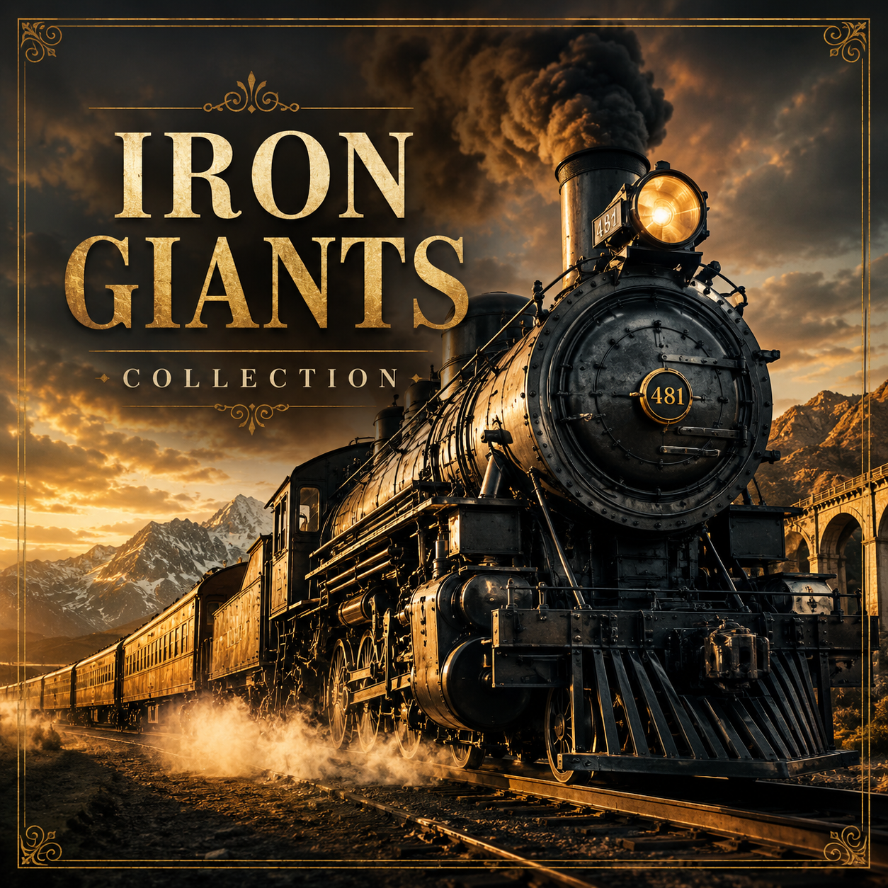 Iron Giants Collection cover image featuring a powerful vintage steam locomotive traveling through a dramatic mountain landscape with glowing light, billowing smoke, rugged rails, and cinematic railroad scenery.
