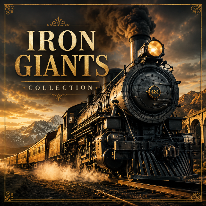 Iron Giants Collection cover image featuring a powerful vintage steam locomotive traveling through a dramatic mountain landscape with glowing light, billowing smoke, rugged rails, and cinematic railroad scenery.