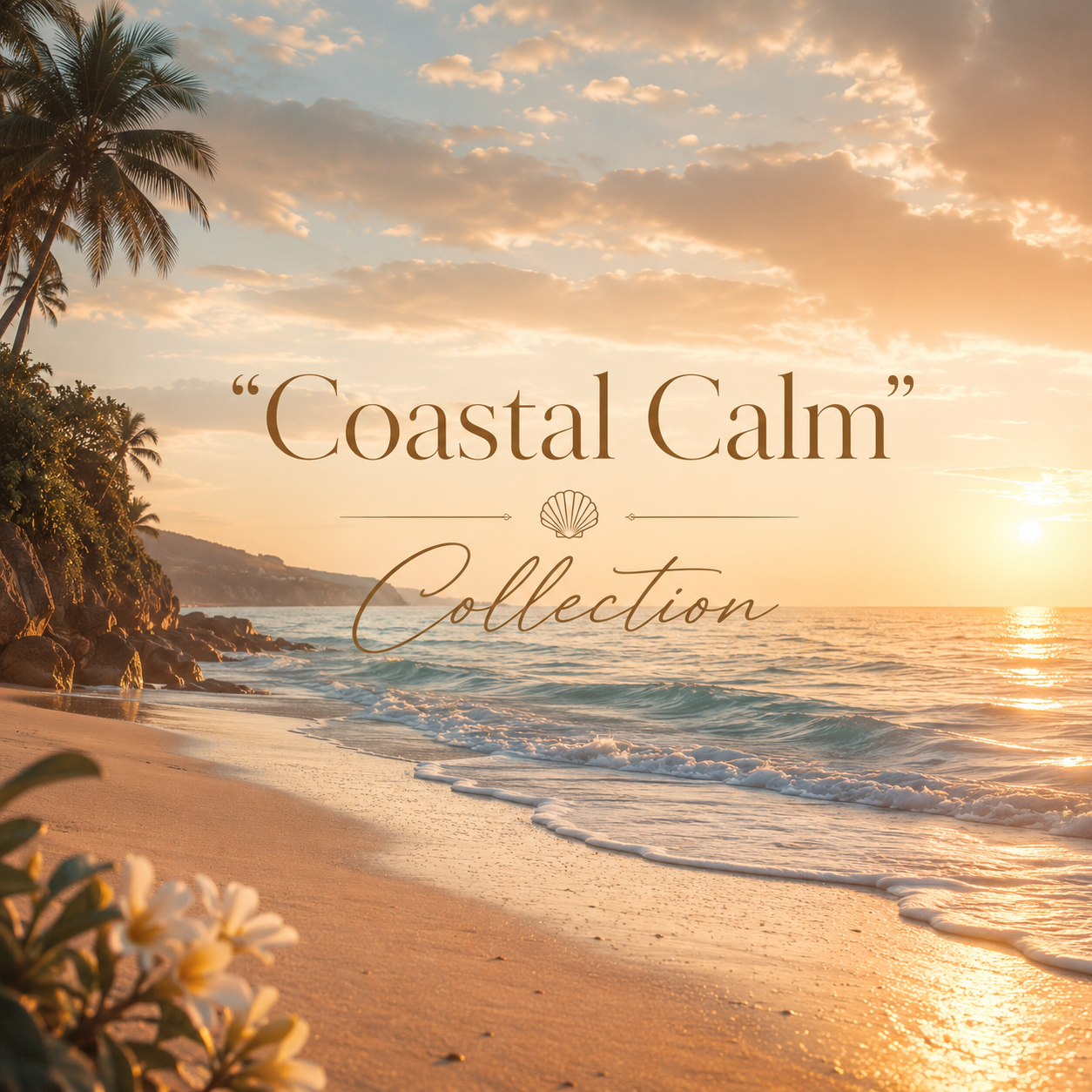 Coastal Calm Collection cover image featuring a peaceful beach shoreline at golden sunset, gentle ocean waves, soft sand, seashells, sea grass, and a warm serene coastal sky.