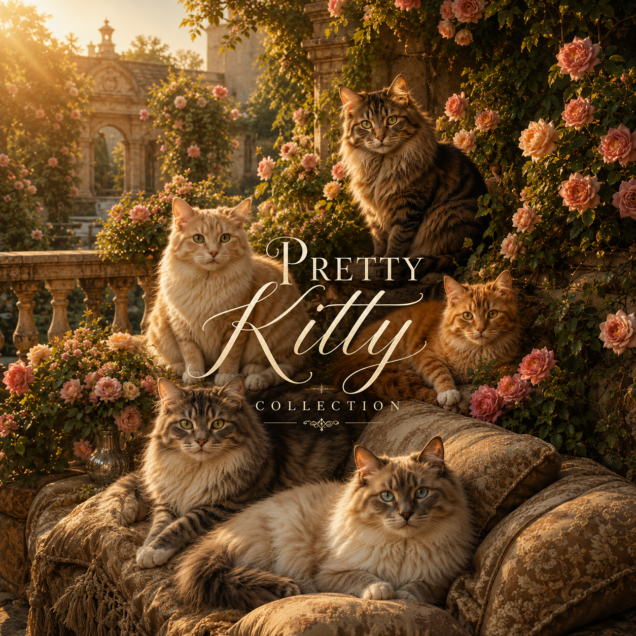 Pretty Kitty Collection cover image featuring several elegant cats resting together in a romantic rose garden with warm golden sunlight, floral details, soft pillows, and vintage-style collection title text.