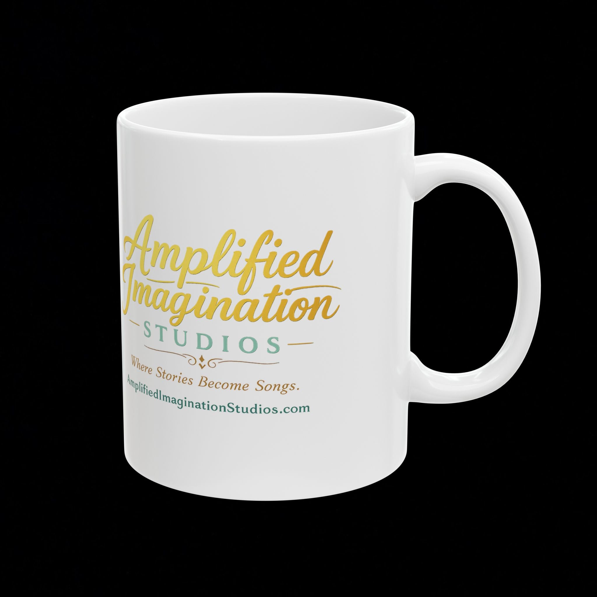 White mug with 'Amplified Imagination Studios' text on a black background