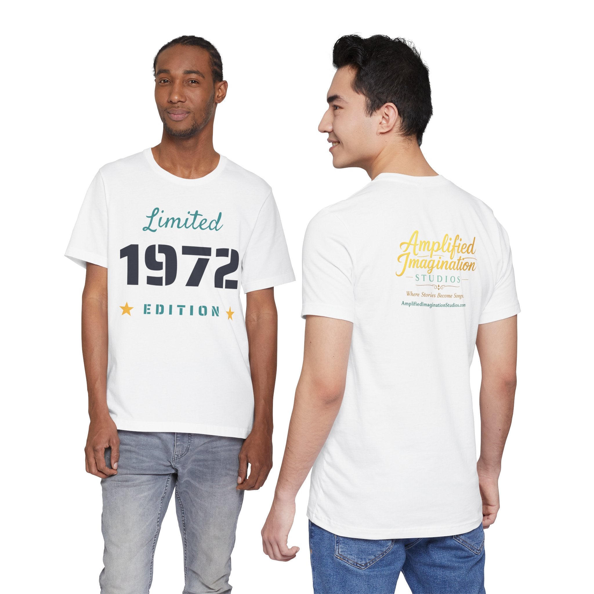 Two men wearing white t-shirts with text on a white background