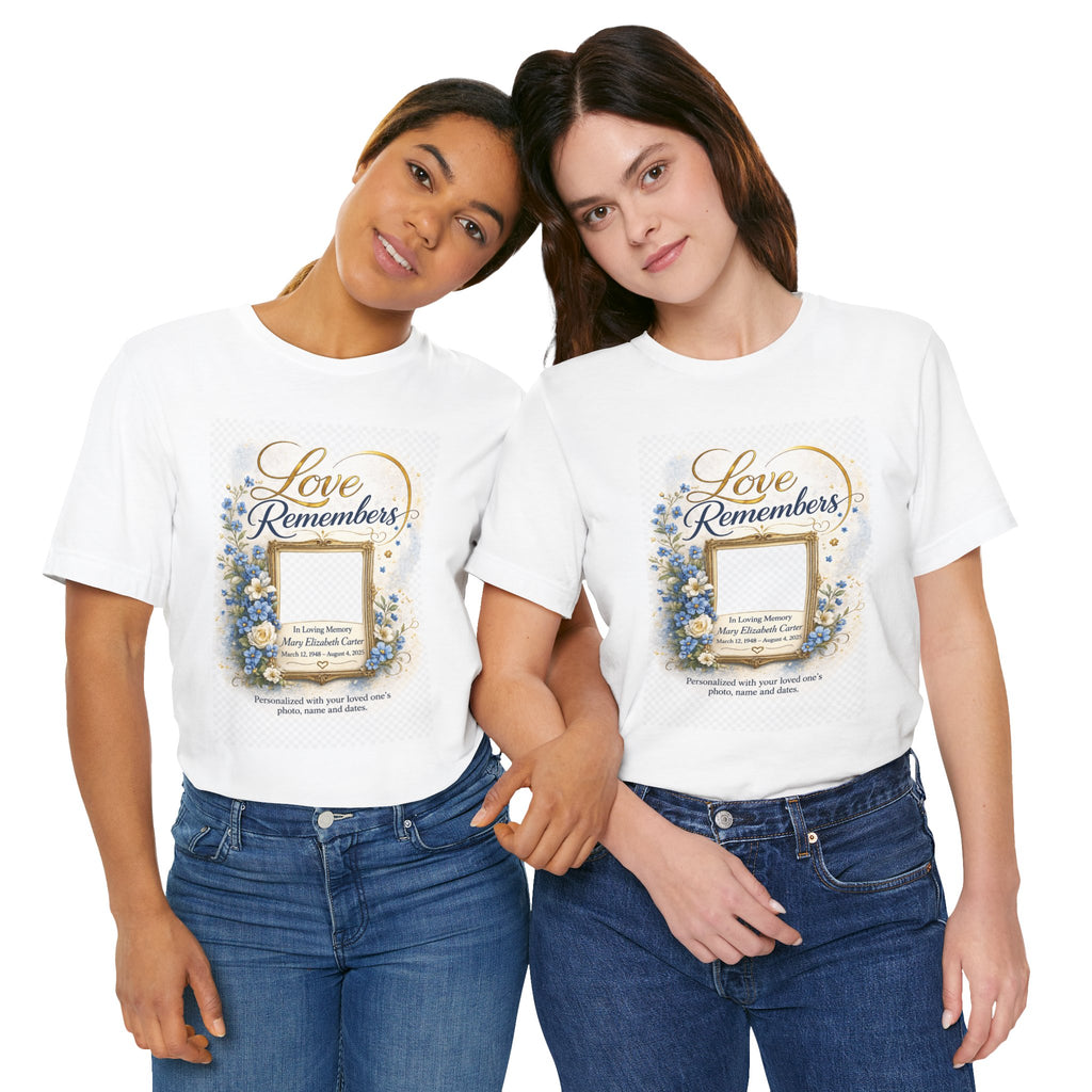 Two people wearing white t-shirts with 'Love Remembers' design on a white background