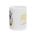 White mug with gold and green text on a white background We Love and Support Johnny and Janet for Life 