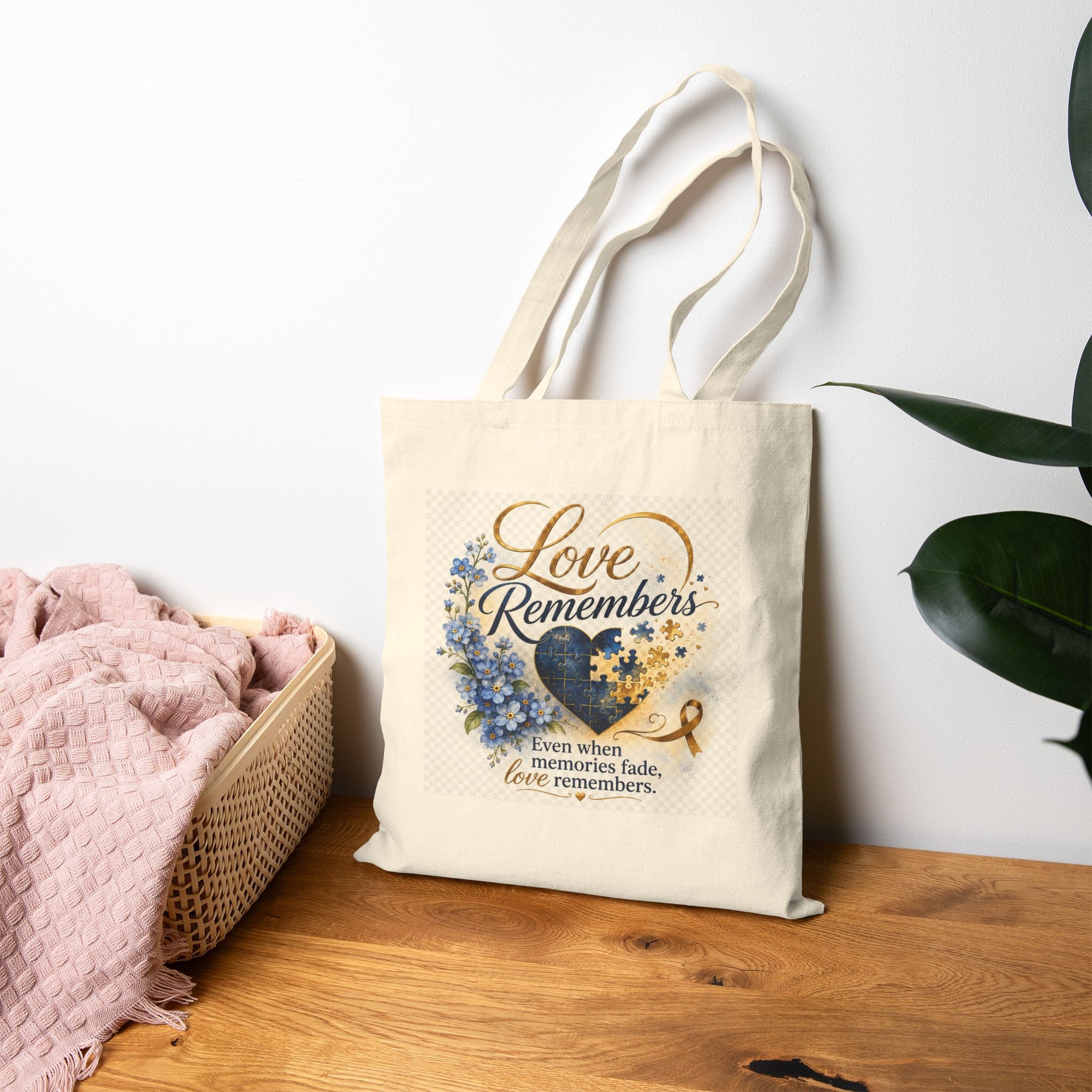 "Love Remembers" Alzheimer's Awareness Tote Bag – Inspirational Caregiver & Memory Support Tote