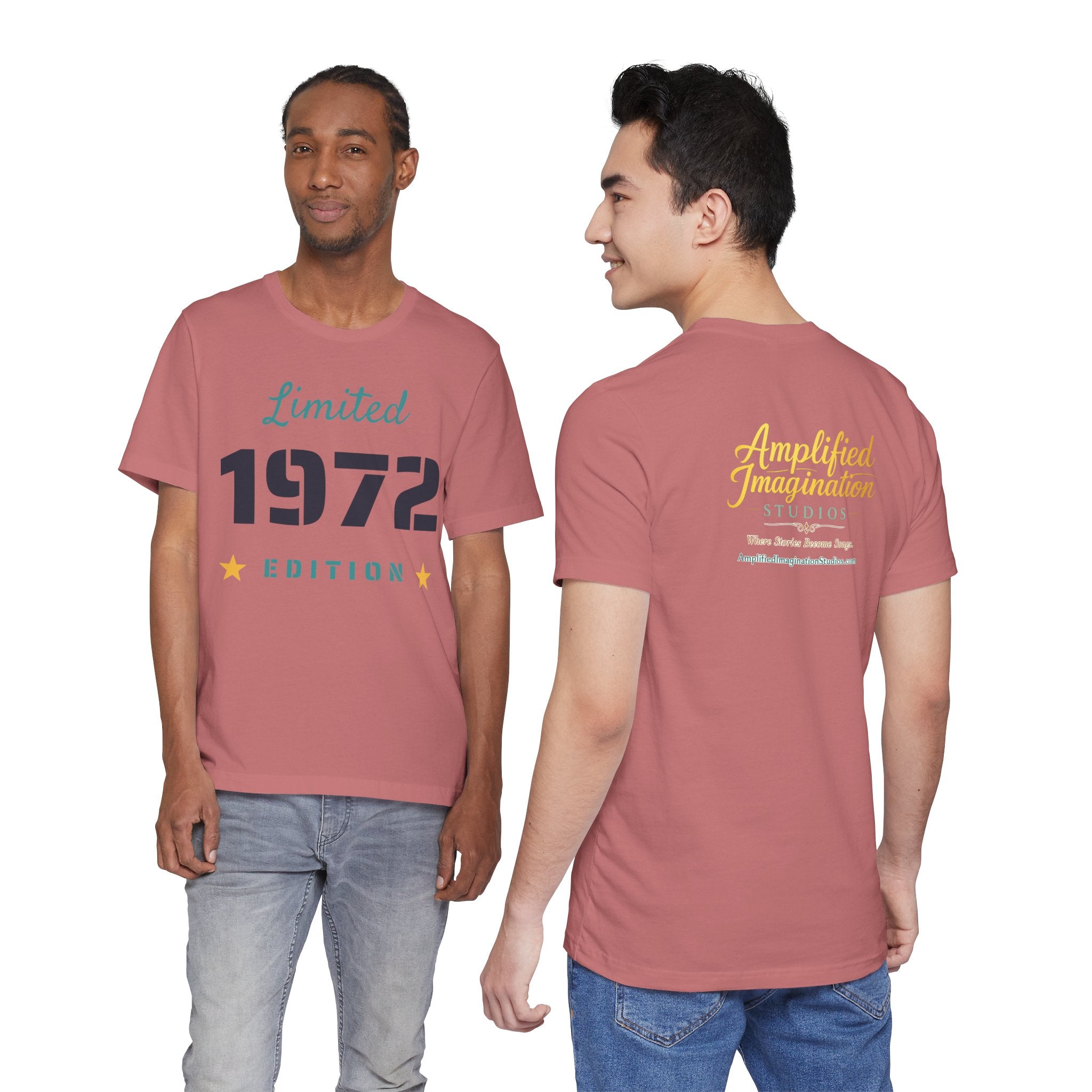 Two people wearing a red t-shirt with text on a white background