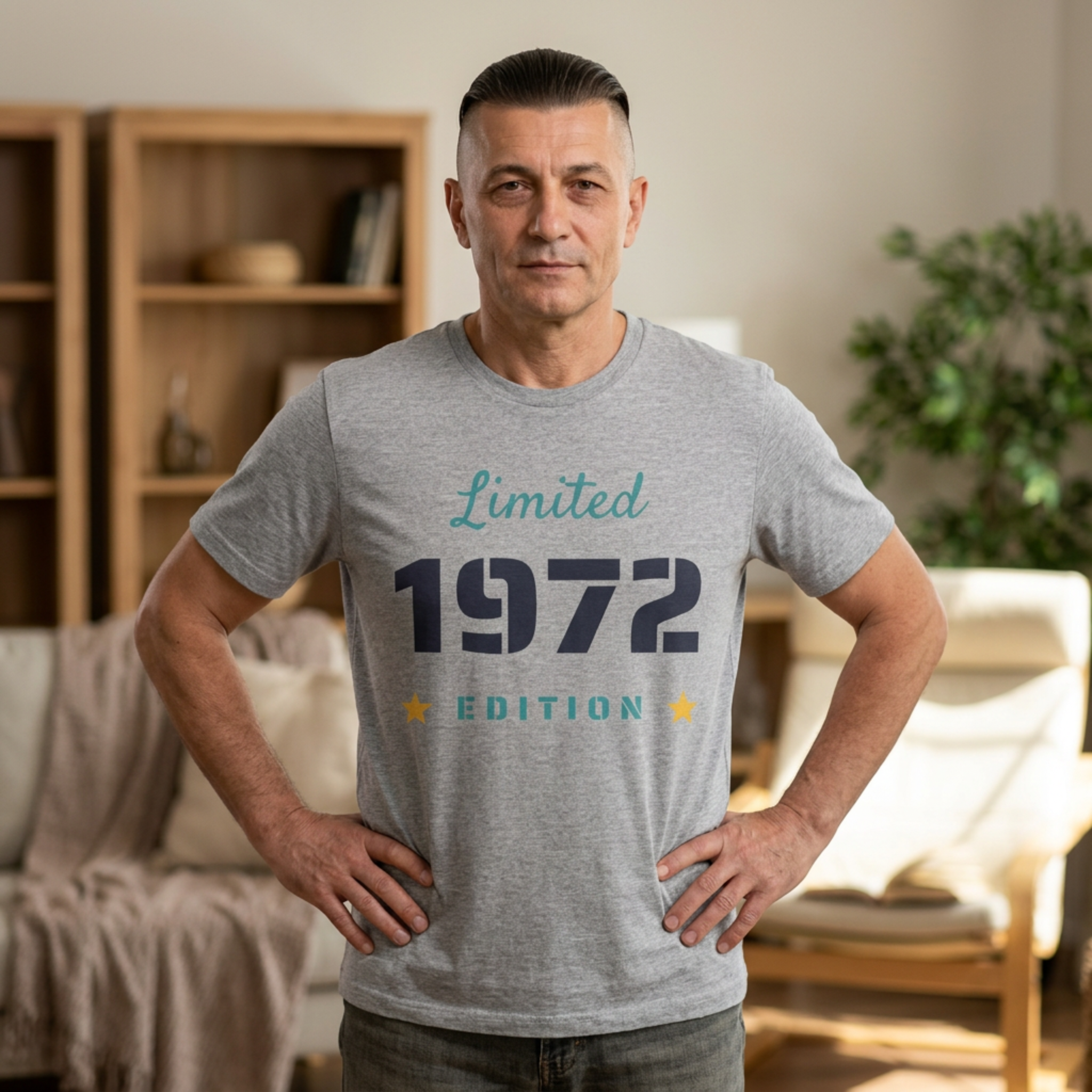 Man wearing a gray t-shirt with 'Limited 1972 Edition' text in a living room.