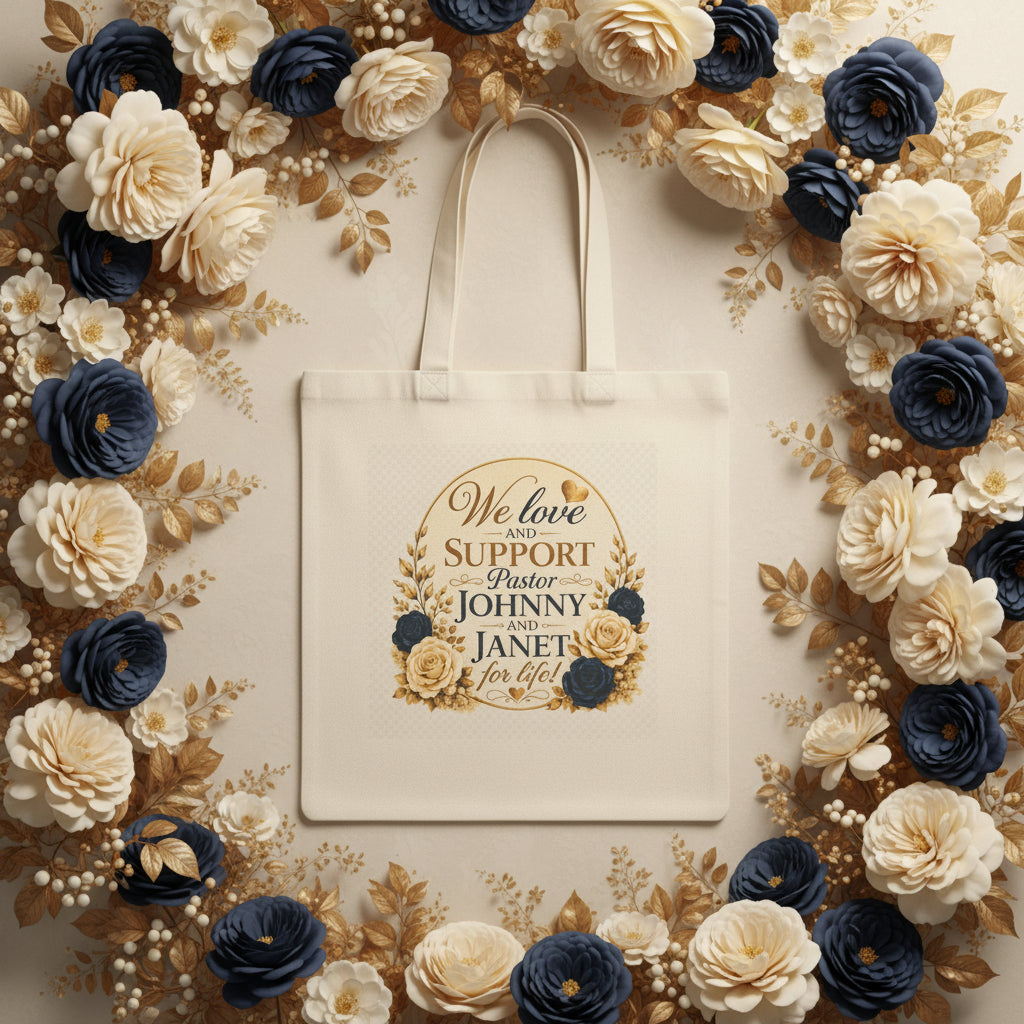 Beige tote bag with floral design surrounded by a flower wreath background with We Love and Support Johnny and Janet for Life 